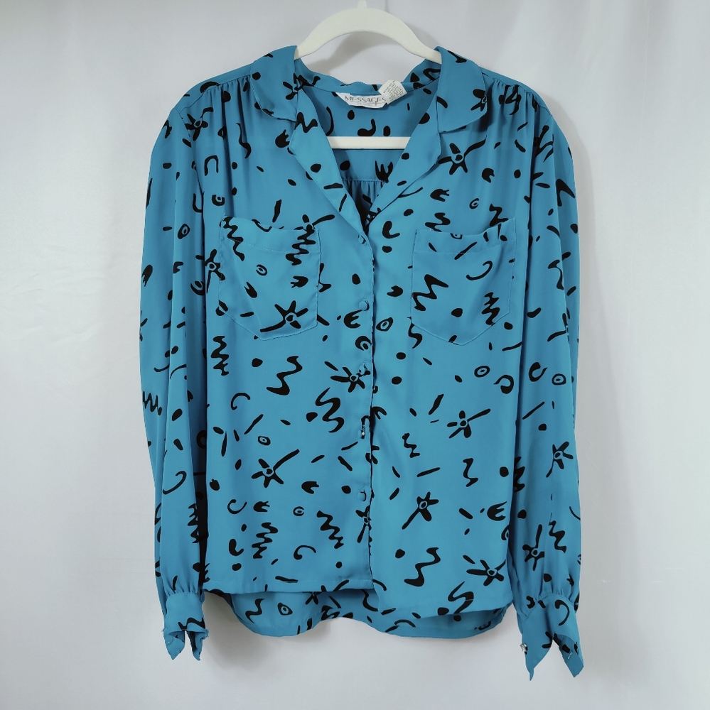 VTG 90s Messages Teal Abstract Print Button Up Long Sleeve Blouse, Sz 14